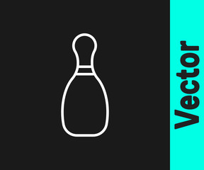 White line Bowling pin icon isolated on black background. Vector