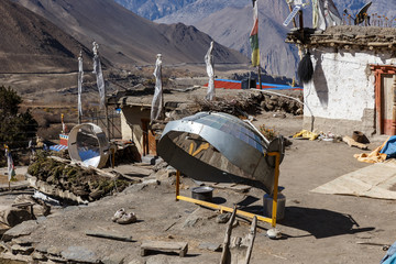 solar parabolic heater for cooking in the Jharkot village of Nepal. Himalayas.