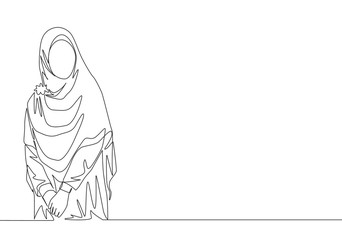 Single continuous line drawing of young happy beautiful muslimah wearing traditional arab clothing. Beauty Asian woman model in trendy hijab fashion concept one line draw design vector illustration
