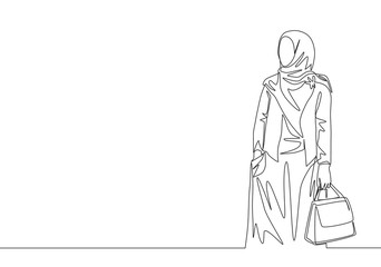 One single line drawing of young attractive happy muslimah wearing veil and holding pocket bag on hand. Beautiful woman in trendy hijab fashion concept continuous line draw design vector illustration