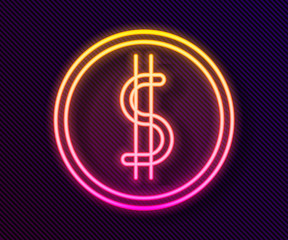 Glowing neon line Coin money with dollar symbol icon isolated on black background. Banking currency sign. Cash symbol. Vector