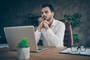 Portrait of his he nice attractive intelligent confident focused man skilled qualified finance...
