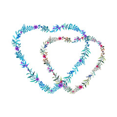 Two watercolor hearts with plants and flowers isolated on white