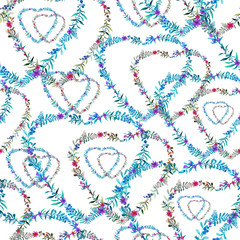 Colorful watercolor hearts with plants and flowers. Seamless floral pattern