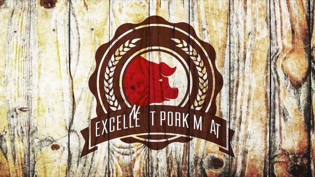 excellent pork meat tag with wheat branches and pig head on wood background for butcher shop