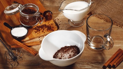Cooking step by step Korean Dalgona coffee. Whipping coffee, water and sugar. Step 2