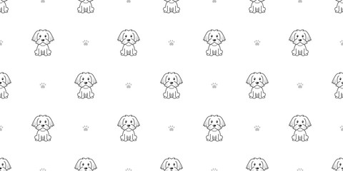 Vector cartoon character maltese dog seamless pattern background for design.