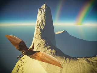 Flying pterodactyl against the volcanic crrater 3d illustration © satori