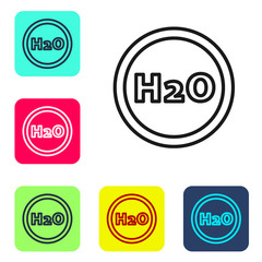 Black line Chemical formula for water drops H2O shaped icon isolated on white background. Set icons in color square buttons. Vector