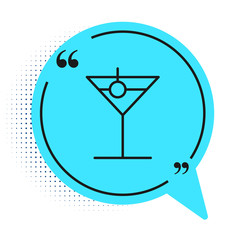 Black line Martini glass icon isolated on white background. Cocktail icon. Wine glass icon. Blue speech bubble symbol. Vector