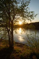 River, tree, sun, sunset, sky