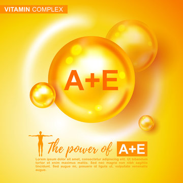 Vitamin complex sign, symbol. Vector illustration. Vitamin A+E gold shining pill capsule icon. Chemical formula, tocotrienols, retinol, retinal. Vitamin A, E. Shining golden substance drop