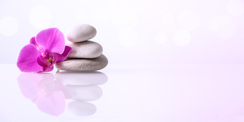 Obraz na płótnie Canvas Wellness, relax, massage and wellbeing concept. Spa stones and orchid flower over white background.