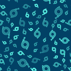Green line Garden hose or fire hose icon isolated seamless pattern on blue background. Spray gun icon. Watering equipment. Vector