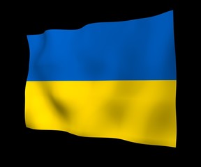 The flag of Ukraine on a dark background. National flag and state ensign. Blue and yellow bicolour. 3D illustration waving flag