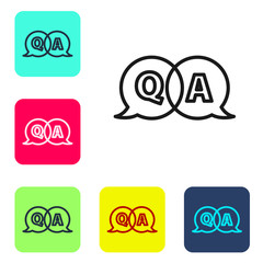 Black line Speech bubbles with Question and Answer icon isolated on white background. Q and A symbol. FAQ sign. Chat speech bubble and chart. Set icons in color square buttons. Vector