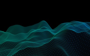 Abstract green landscape on a black background. Cyberspace grid. hi tech network. Depth of field. 3D illustration