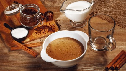 Cooking step by step Korean Dalgona coffee. Whipping coffee, water and sugar. Step 3.