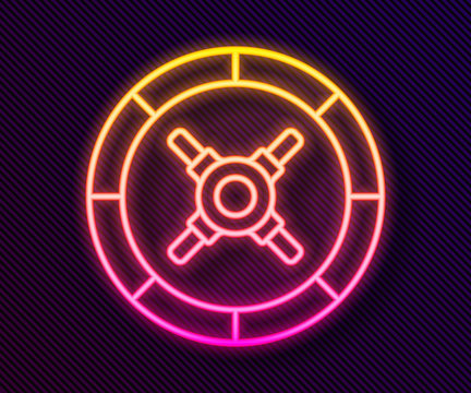 Glowing Neon Line Safe Icon Isolated On Black Background. The Door Safe A Bank Vault With A Combination Lock. Reliable Data Protection. Vector