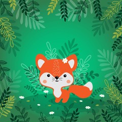 Obraz na płótnie Canvas Vector illustration of cute little Fox in the forest, flat design