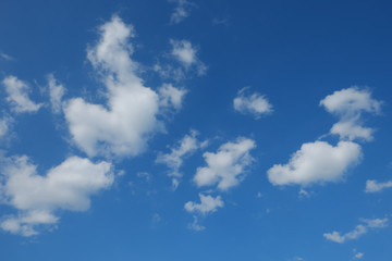 Naklejka na ściany i meble Little cumulus clouds on a blue sky. Background.