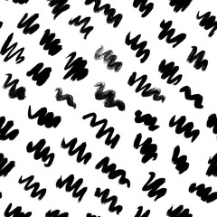 Simple black and white pattern of dots, dashes, spots, brushstroke. Hand illustration, dry brush. Zigzags, spring, circles. Scandinavian style, design for wallpaper, fabric, textile.