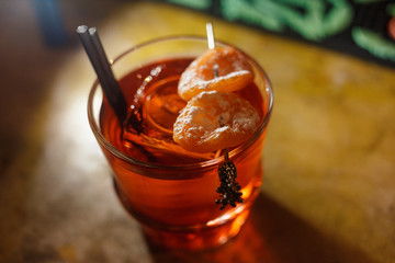 Black russian cocktail with ice and coffee liquor. Selective focus. Shallow depth of field....