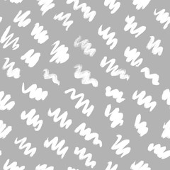 Simple black and white pattern of dots, dashes, spots, brushstroke. Hand illustration, dry brush. Zigzags, spring, circles. Scandinavian style, design for wallpaper, fabric, textile.
