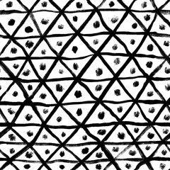 Fototapeta premium Simple black and white stripes triangle with dots, abstraction, alternation. Hand illustration, dry brush. Scandinavian style, design for wallpaper, fabric, textile.