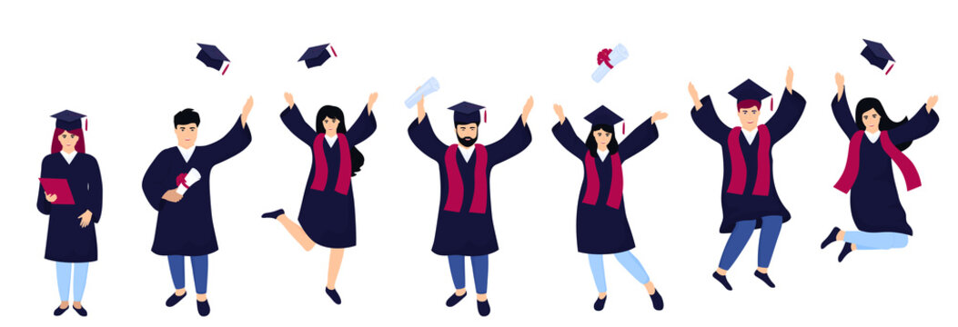 A Group Of Students In Graduation Gowns Celebrate Completion Of Studies. Boys And Girls Having Fun Jump And Toss Up Mortarboards And Diplomas