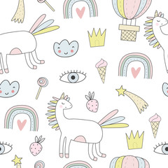 Seamless pattern with cute unicorns, clouds,rainbow and stars. Magic background with little unicorns.