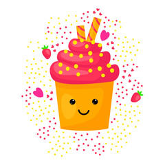 Funny kawaii cupcake character. Cute smiley muffin character with eyes and smile. Cartoon style vector illustration isolated on white background.