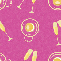 Champagne bubbles vector seamless pattern background. Hand drawn glasses, fizzy drink gold pink textured backdrop. Stylish sparkling wine repeat illustration All over print for party celebration
