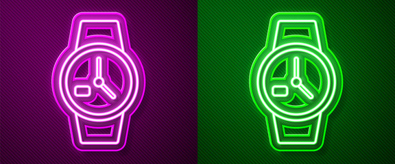 Glowing neon line Wrist watch icon isolated on purple and green background. Wristwatch icon. Vector