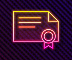 Glowing neon line Certificate template icon isolated on black background. Achievement, award, degree, grant, diploma concepts. Vector