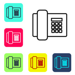 Black line Telephone icon isolated on white background. Landline phone. Set icons in color square buttons. Vector