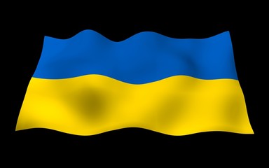 The flag of Ukraine on a dark background. National flag and state ensign. Blue and yellow bicolour. 3D illustration waving flag