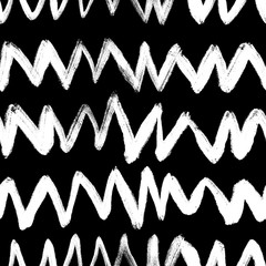 Simple black and white zigzag pattern. Hand illustration, dry brush. Zigzags, spring, circles. Scandinavian style, design for wallpaper, fabric, textile.