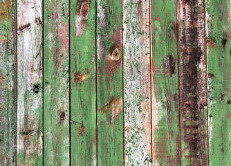 Shabby wood texture. Vintage wooden fence, desk surface. Natural color. Weathered timber, background. Green old  planks.