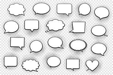 Empty white speech bubbles with halftone shadows on transparent background