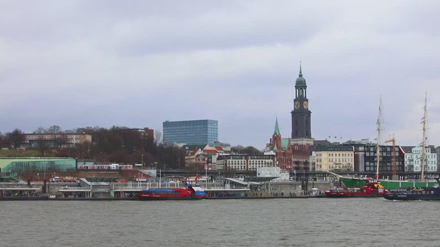 Elba River and view to the The St. Pauli Piers and church of St. Michael.