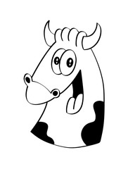 Cute funny crazy cow head smiling with tongue out. Isolated black and white character cartoon style vector illustration.