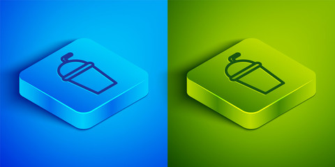 Isometric line Paper glass with drinking straw and water icon isolated on blue and green background. Soda drink glass. Fresh cold beverage symbol. Square button. Vector