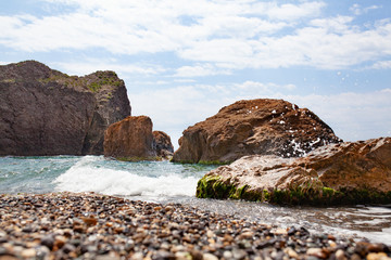 Fototapeta premium Beautiful panoramic views of the sea and the cliff, a mountain in the Black Sea, landscape, coastal travel and nature