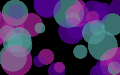 Multicolored translucent circles on a dark background. Pink tones. 3D illustration