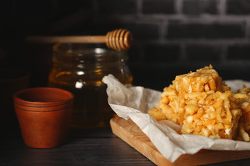 the chak chak, a traditional Tatar pastries lay on the table next to the honey and tea
