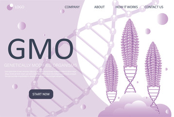 Genetic engineering landing page in flat style. Genetically modified foods. Food additives. DNA recombination. vector illustration