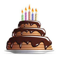 Sweet Chocolate wedding ceremony or birthday cake with color candles icon isolated on white background. Vector