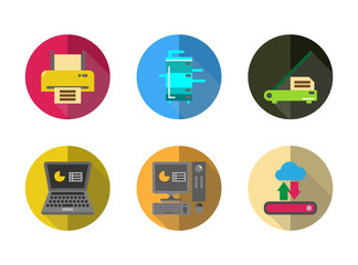 Icon set electronic office machine equipment for remote working,laptop,desktop PC, scanner,printer,External harddisk with cloud,copy machine