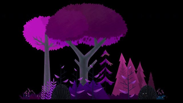 Seamless loop. Group of trees, bushes and grass swinging in wind. Purple and pink misty night. Animated vector illustration with brushes isolated on black background with alpha luma matte.